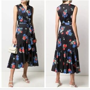 Tory Burch PRINTED WRAP MIDI DRESS Black Tea Rose Cotton Red Blue